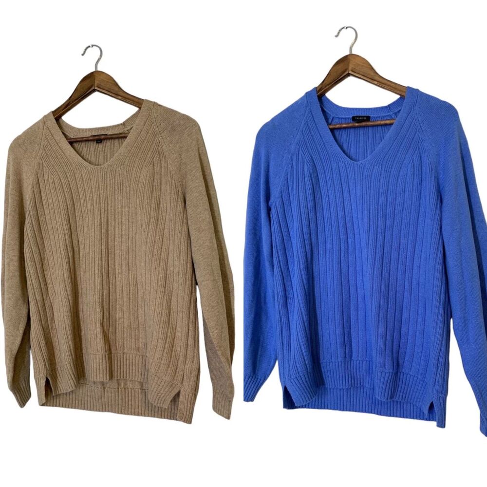 Talbots Blue Tan Ribbed V Neck Sweater Womens Sz S Soft Stretchy